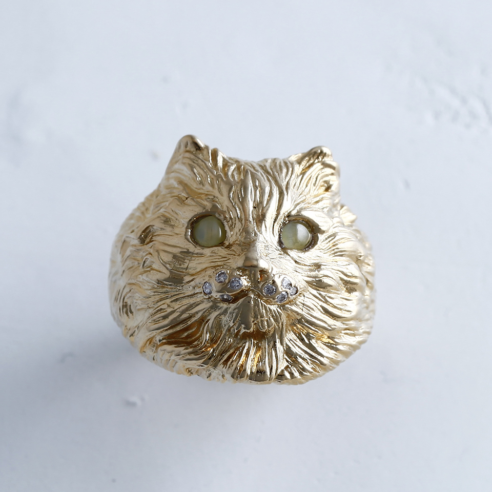 キャッツアイ ＆ ダイヤモンド 猫の指輪 18KYG 1970年頃 英国 