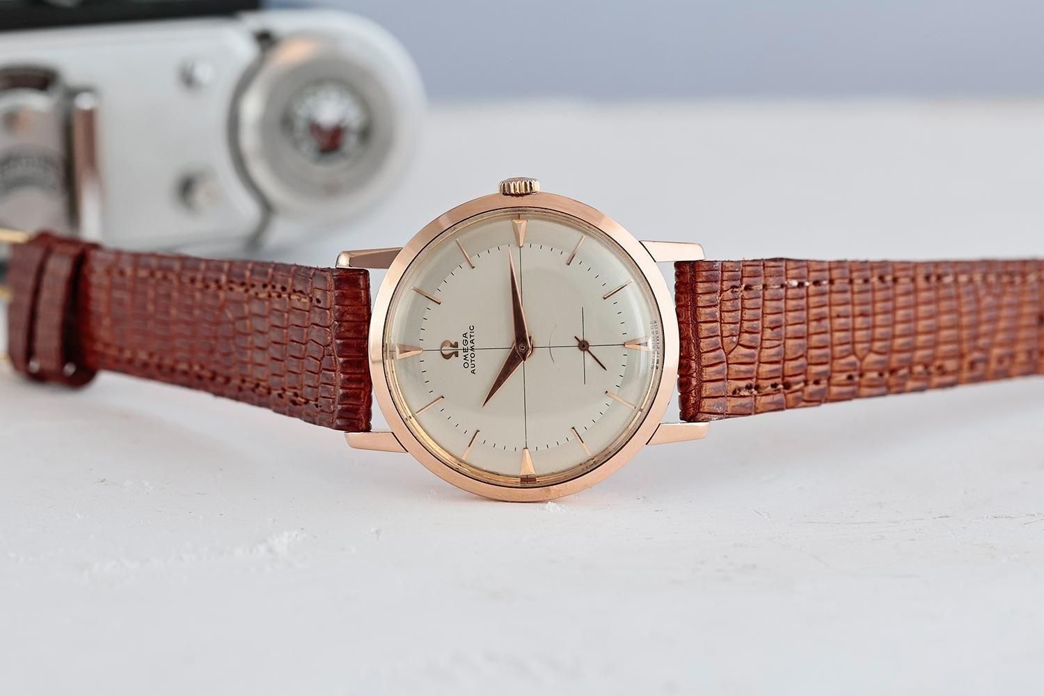 オメガ　Cal.491　アイボリー・クロスラインダイヤル　オートマチック　34mm　18KRG　金無垢　1955年